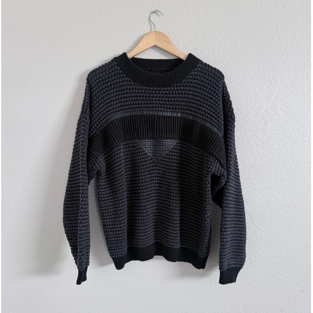 Vintage 80s Grunge Knit Chunky Faux‎ Leather Patches Black Grey Sweater L